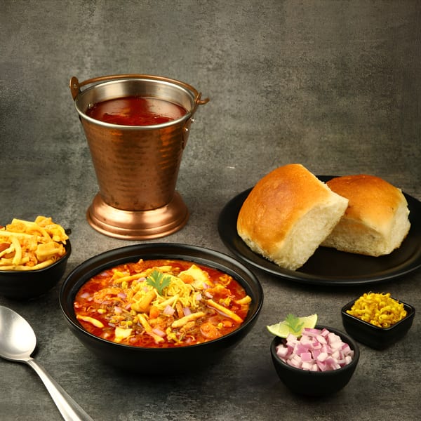 A bowl of Turmerica's Indian Misal Pav, with a side of bread, a copper bucket of curry, and toppings.